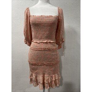 Olivaceous Dress Size Medium Peach Bodycon Smocked Puff Sleeves Ruffles Romantic